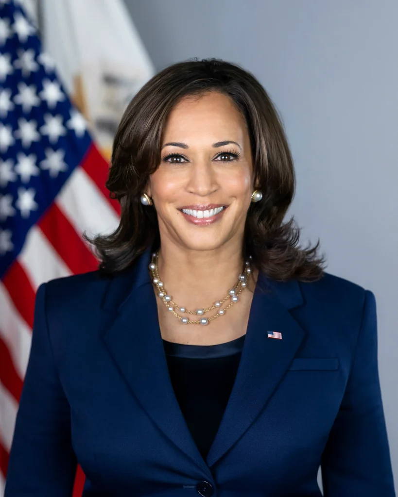 A headshot of Vice President Kamala Harris in front of an American flag. Vice President Harris is a Black woman with shoulder-length brown hair, wearing pearl jewelry and a navy blue blazer with an American flag pin.