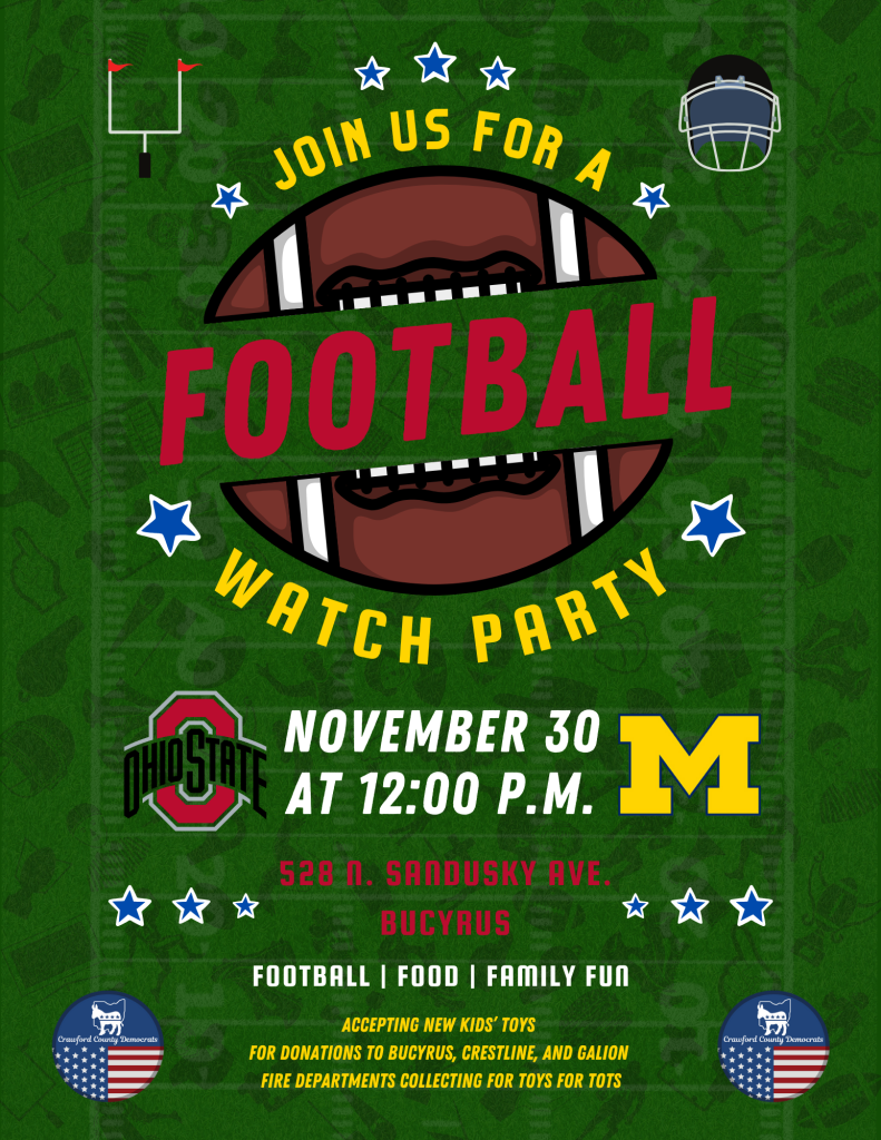 Text reads the information provided in the caption. The background is a green football field with the OSU, Michigan, and Crawford County Democrats logos on it. Graphic images of a goalpost and a helmet are in the corners.