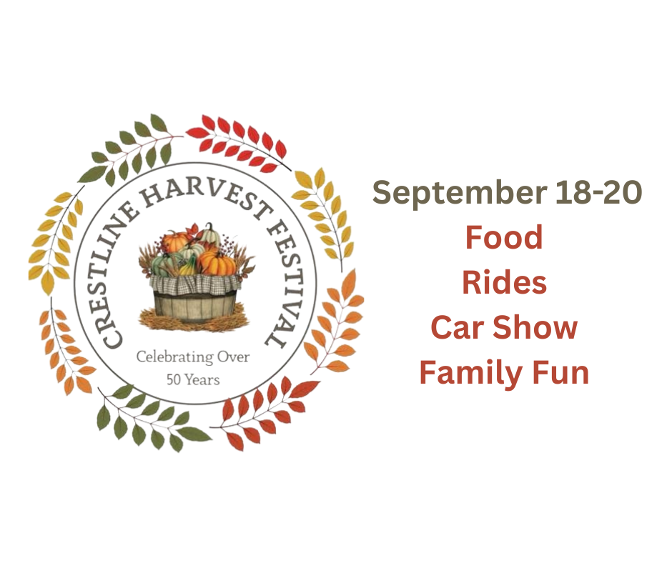 Logo and promotional image for the Crestline Harvest Festival. A circular emblem with colorful autumn leaves surrounds a basket of pumpkins and fall produce, with the text “CRESTLINE HARVEST FESTIVAL” and “Celebrating Over 50 Years.” To the right, text reads: “September 18–20” and lists event highlights in red and orange text: “Food, Rides, Car Show, Family Fun.”