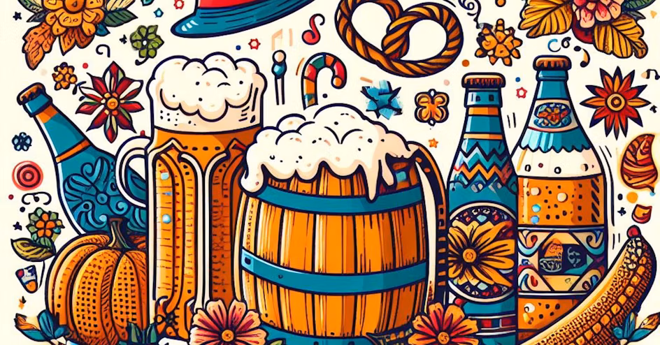 Colorful illustration with an Oktoberfest theme, featuring frothy beer mugs, a wooden beer barrel, and decorated beer bottles. Surrounding items include pretzels, pumpkins, flowers, candy canes, corn, and festive decorations in vibrant fall colors like orange, yellow, and blue. The overall style is cheerful and whimsical, celebrating traditional Oktoberfest elements.